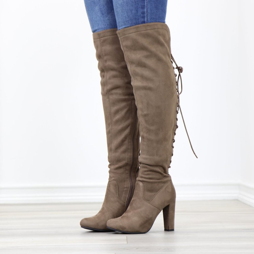 Taupe Suede Thigh High Boots Over The Knee Block High Heel With Lace Up Back - Picture 13 of 14